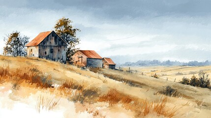 Old countryside farm and fields watercolor hand drawn illustration