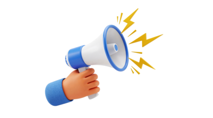 3D Rendered Hand Holding Megaphone with Dynamic Sound Waves for Urgent Announcement