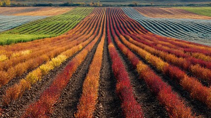 Panoramic view of colorful currant bush seedling rows, vibrant field