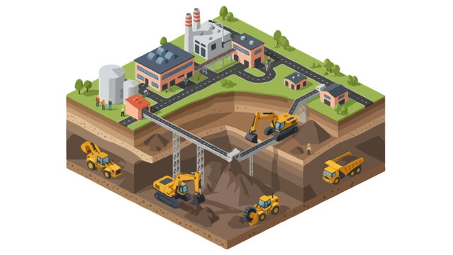 An isometric vector illustration of an open-pit mining site operation