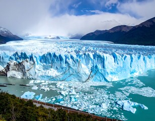 Stunning vista showcases an enormous glacier calving into an aqua lake, framed by mountains and a cloudy sky. The icy expanse fills most of the frame