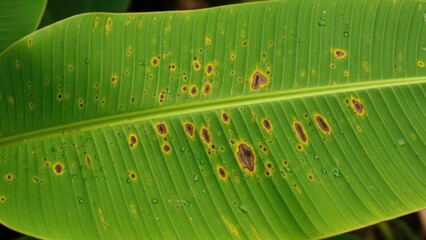 Vibrant green plant leaf showcasing numerous brown and yellow fungal spots and water droplets