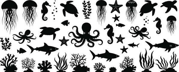 Massive vector illustration collection featuring black cat silhouettes, yoga poses, sitting people, marine life, 