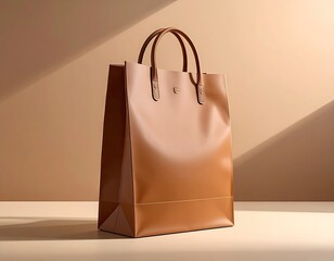 A tall, brown leather tote bag stands against a neutral background