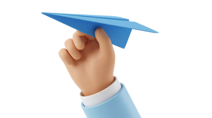 3D Cartoon Hand Launching a Blue Paper Airplane Symbolizing Communication and Journey