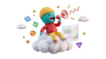 Vibrant character on cloud using megaphone, showcasing data analysis illustration