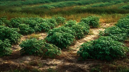 Lush potato plant field in countryside agricultural landscape