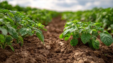Lush potato plant field in countryside agricultural landscape