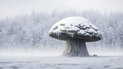 A large snow-covered mushroom stands alone in a frosty forest clearing