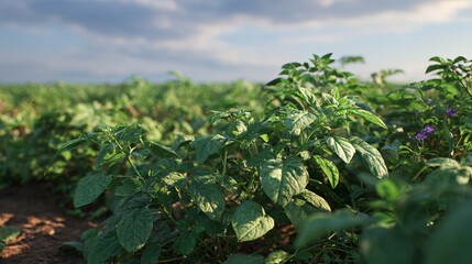 Lush potato plant field in countryside agricultural landscape