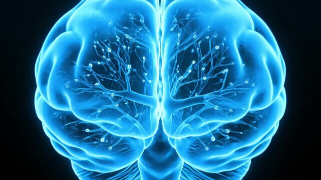 Glowing human brain rotating, zoom into neurons and synapses neural network animation