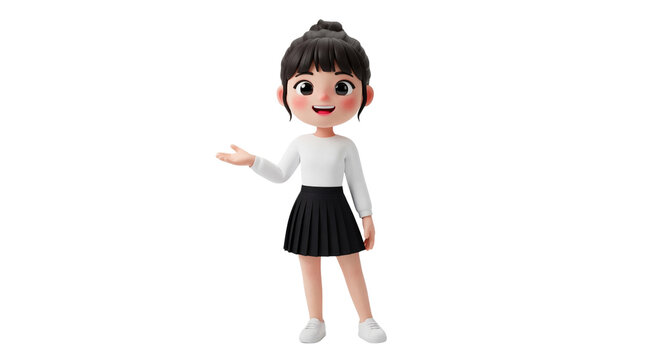 Smiling 3D cartoon young woman presenting with open hand gesture, full body isolated
