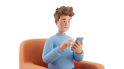 Smiling 3D character using a smartphone while relaxing on an armchair, isolated illustration