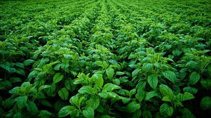 Lush potato plant field in countryside agricultural landscape