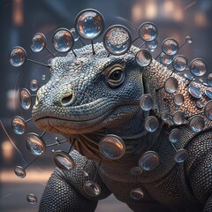 Komodo Dragon Lizard Glass Mirror Sphere Reptile Scale Surreal Art Fantasy Creature Predator Wildlife Sculpture