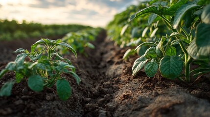 Lush potato plant field in countryside agricultural landscape