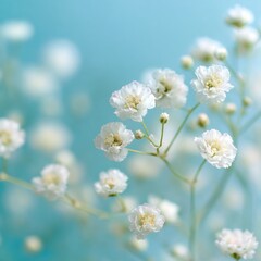 Delicate White Gypsophila Flowers on Blue Background