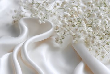 White Gypsophila Flowers on Silk Fabric Background.