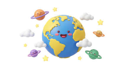 Smiling Earth character and friendly planets in a whimsical cosmic scene illustration