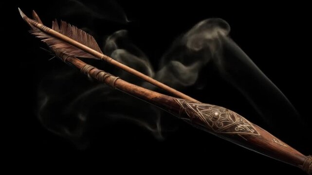Wooden bow and arrow with decorative patterns on the bow, smoke in the background, on black