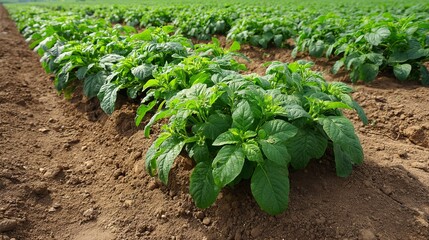 Lush potato plant field in countryside agricultural landscape