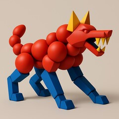 Toy Wolf Geometric Shape Red Blue Yellow Plastic Animal Sculpture Abstract Minimalist Design Modern Art Display