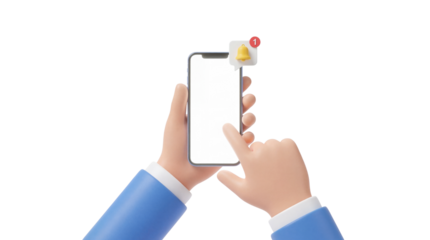 3D Hands Tapping Smartphone Screen with New Notification Alert Icon