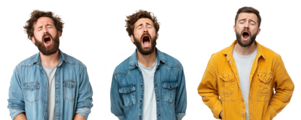 Tired men yawning with sleepy expressions isolated on transparent background png