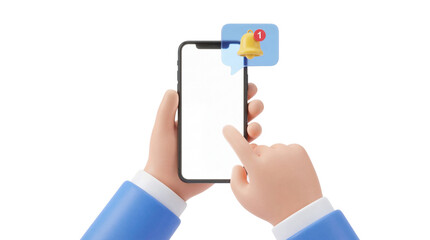 3D illustration of a hand tapping a smartphone screen with a notification bell icon