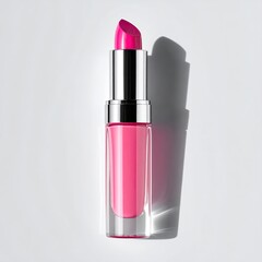 A vibrant pink lipstick in a shiny tube with a long shadow