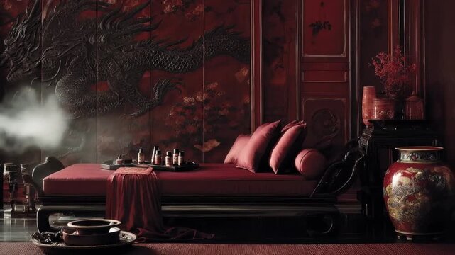 A regal red-toned interior with dragon wall art, ornate furniture, and decorative elements
