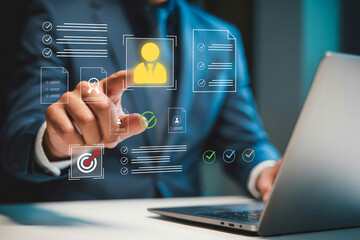 A businessman leveraging smart technology to verify digital identity and KYC documents for online profile approval, showcasing secure authentication and onboarding