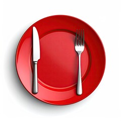 A shiny red plate with a knife and fork set on a white background