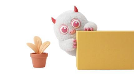 Playful Fluffy Monster Peeking Behind Yellow Panel with Small Potted Plant