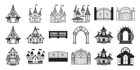 Fototapeta premium Collection of black and white fantasy buildings castles gates and arches
