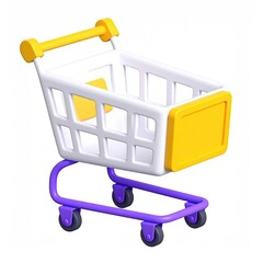 A 3D rendered shopping cart with bright yellow and purple accents