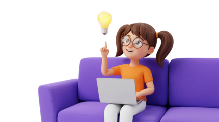 3D Rendered Young Person Generating Creative Ideas with Laptop on Couch Illustration