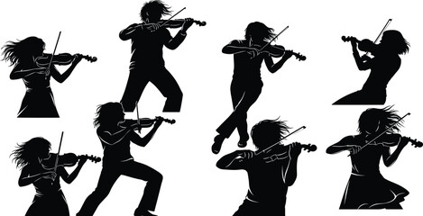 Violinist musician silhouettes set vector illustration, expressive violin players performing classical music poses, artistic orchestra string instrument characters  background © MstNur