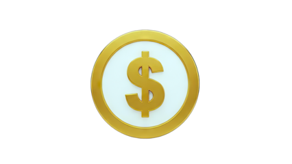 3D Golden dollar coin icon with dollar sign on transparent background