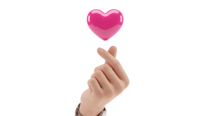 Hand Gesturing Finger Heart with a Floating Pink Three-Dimensional Symbol of Affection