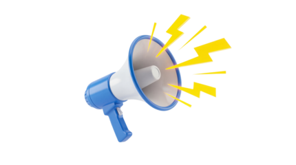 Dynamic 3D illustration of a blue and white megaphone making a loud announcement