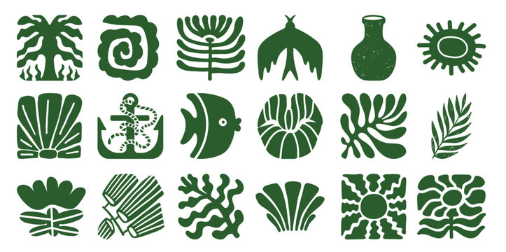 Collection of stylized green organic shapes and nature palm