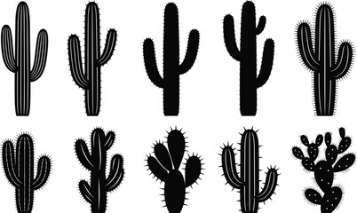 Black cactus silhouette vector illustration set, desert plant collection, minimal botanical shapes, spiky succulents, decorative flora design, nature elements, isolated icons