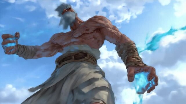 A towering, muscular figure with aged features, releasing glowing blue energy against a cloudy sky