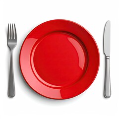 Bright red dish centered, silverware flanking on white