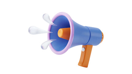 Dynamic 3D illustration of a blue and orange megaphone broadcasting a significant message