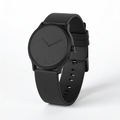 Sleek black wristwatch with minimal design, isolated on white background