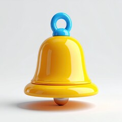 Glossy yellow bell with blue loop and small brown ball, isolated on white