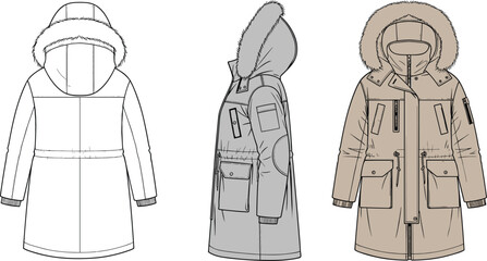 Women winter parka coat technical fashion flats, front side back views fur hood outerwear cad drawing flat vector illustration design © MstNur