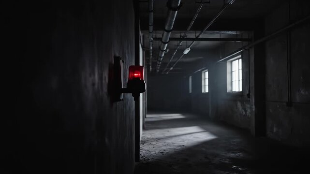 Red emergency light flashing in a dark industrial corridor. Warning alarm strobe rotating in an abandoned hallway with pipes and windows. Danger and security alert concept